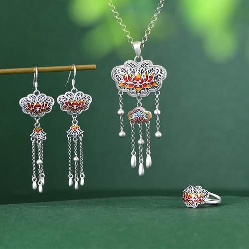 -网红925首饰油套装优雅气质滴莲花女款如意银锁吊坠银戒指耳坠