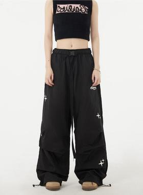 SIN9夏季国潮美式复古嘻哈印花腰带黑色运动裤星星宽松速干束脚裤