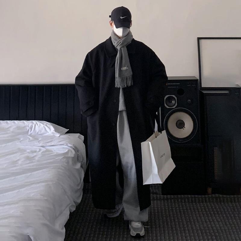 春秋韩版潮流男风衣慵懒感过膝毛呢大衣中长款高级感宽松呢子外套