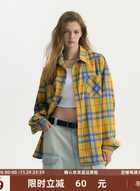 HeartBoon 美式复古黄色格子长袖衬衫男设计感宽松情侣潮牌外套女