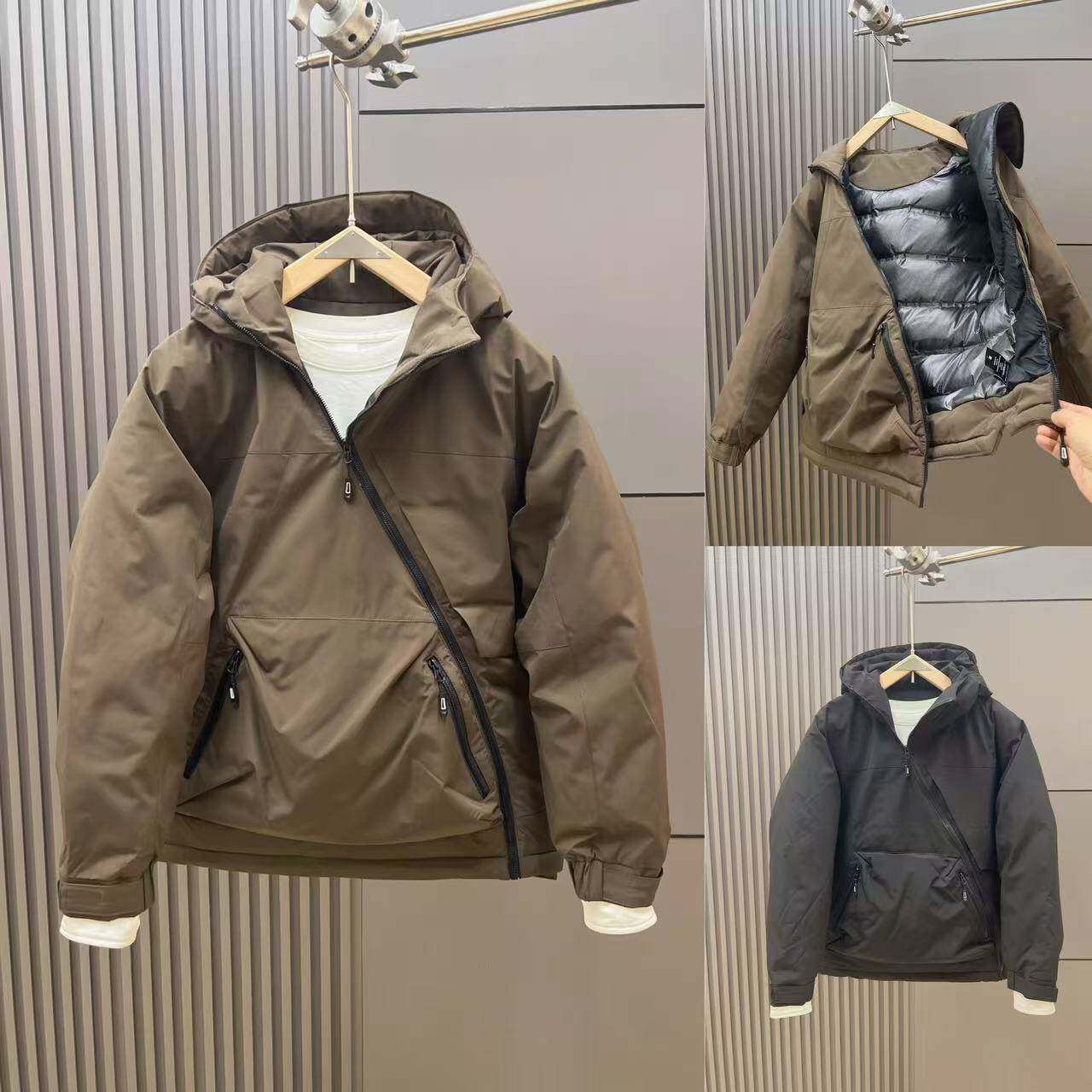 冬季新款斜拉链羽绒服男士短款百搭抗寒外套休闲工装加厚羽绒上衣
