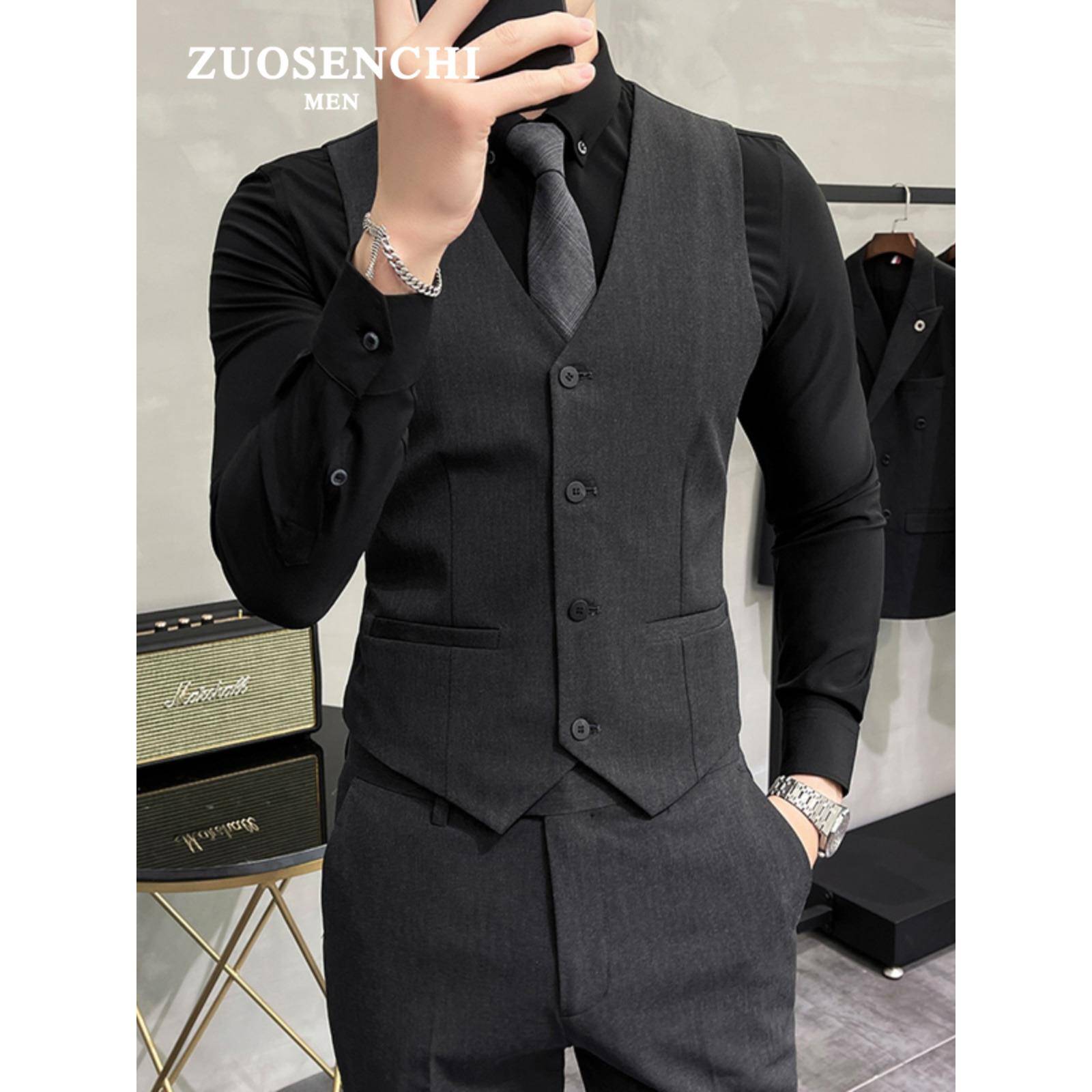 高级大码西装马甲男士套装纯色修身商务休闲工作服结婚伴郎团礼服