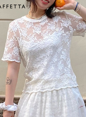 GRAFFETTA原创设计25春新款蕾丝T恤 夏季女款短袖百搭透视花边