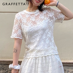 短袖 GRAFFETTA原创设计25春新款 女款 夏季 百搭透视花边 蕾丝T恤