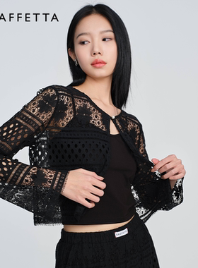 GRAFFETTA原创设计25春新款蕾丝长袖罩衫 夏季女短款黑色浮雕纹理
