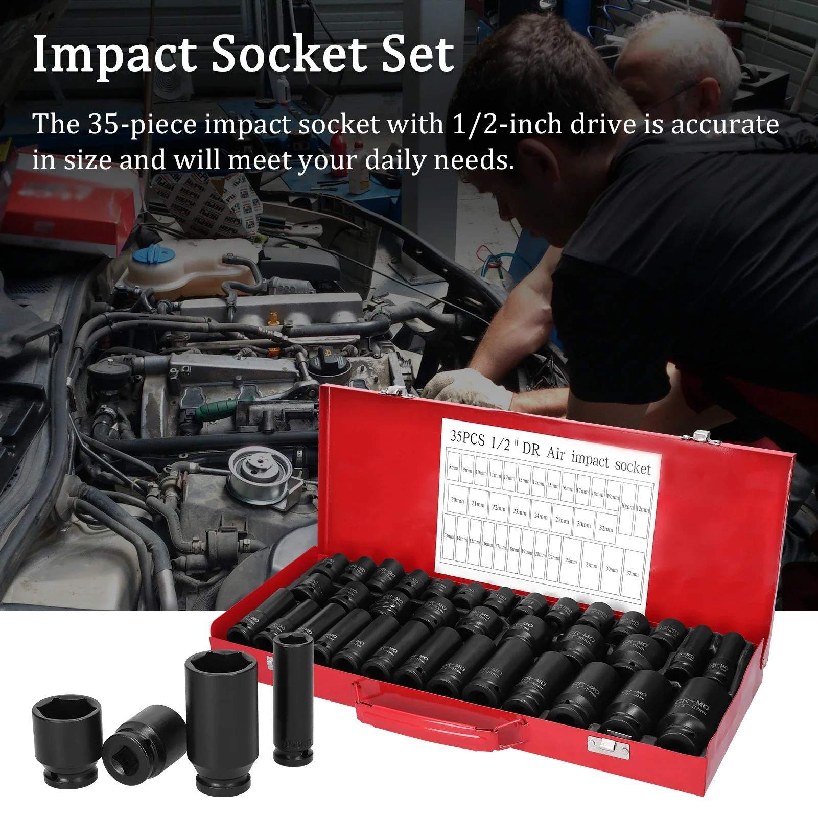 35pcs1/2气动内六角加长型风炮套筒Deep Duty Impact Socket Set