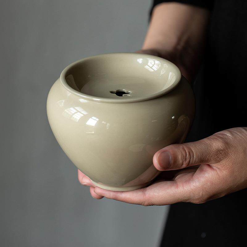 复古草木灰建水中式水盂杯洗茶室茶渣斗家用小号陶瓷茶洗茶道配件