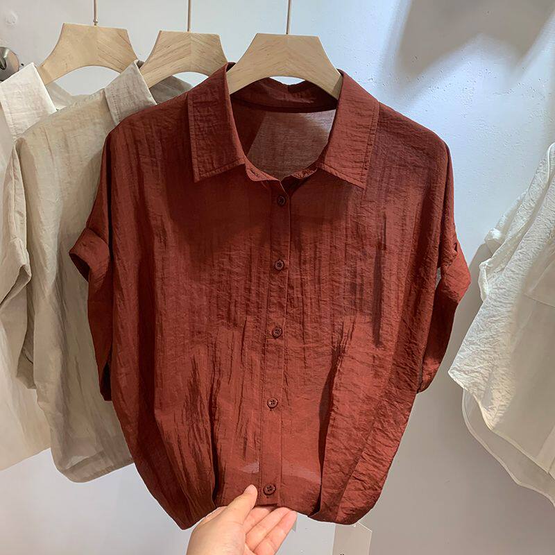 thumbnail for Korean casual rolled-up shirt women's new summer loose niche design sense age-reducing foreign style short-sleeved shirt top