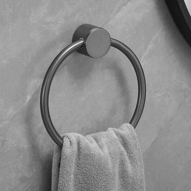 全铜拉丝枪灰毛巾环打孔浴室毛巾挂卫浴挂件置物架花纹轻奢风单杆