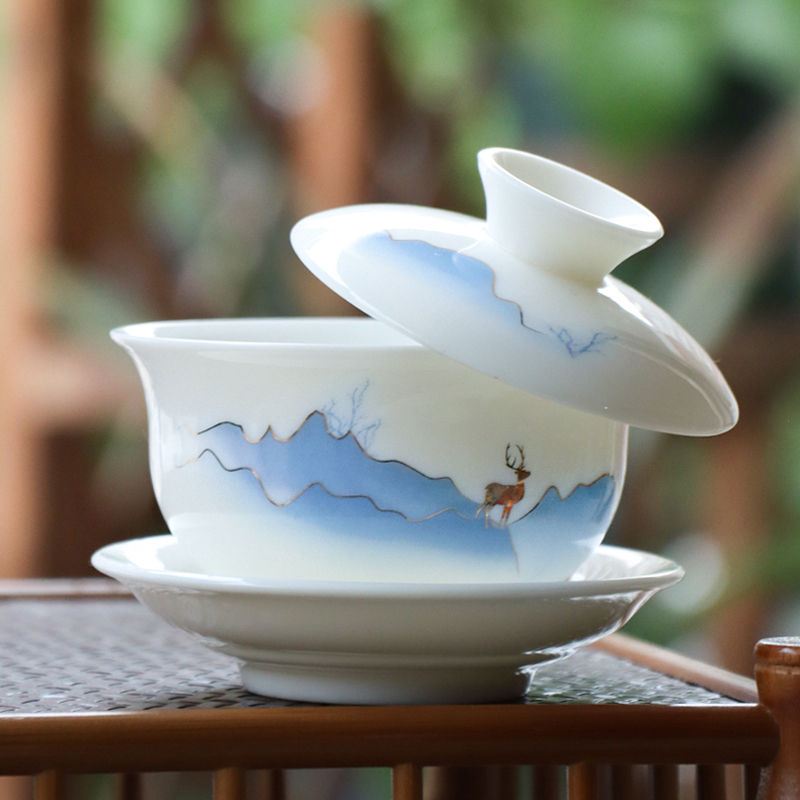 羊脂玉德化白瓷悬停三才盖碗一路相随单个茶具150ml毫升小泡茶碗