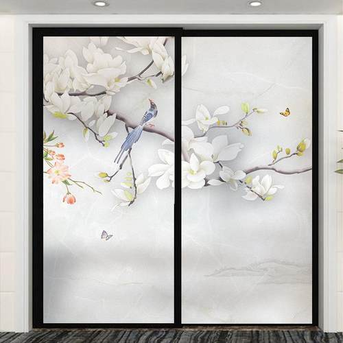 磨砂玻璃贴纸国画古风家和花鸟定制浴室厕所推拉门贴膜防晒防走光
