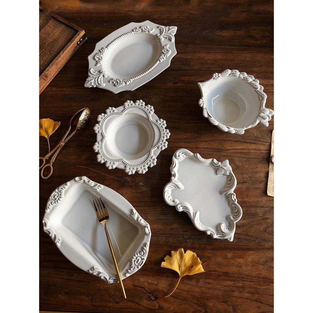 中古风陶瓷餐盘浮雕甜品蛋糕盘家用西餐盘子水果碗复古首饰展示盘