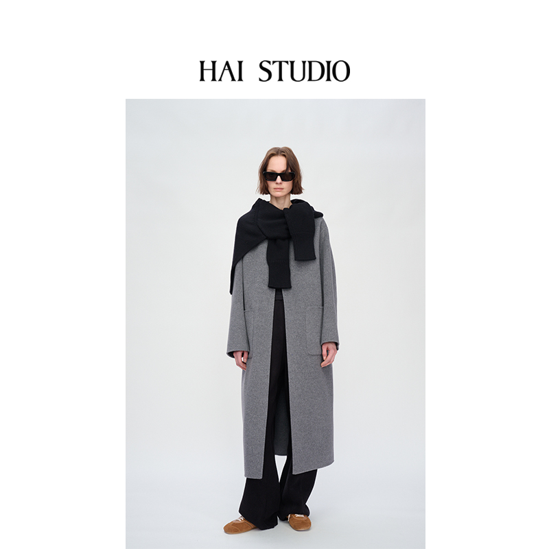 HAI STUDIO2025秋冬新品 女士撞色披肩宽松长大衣 假两件羊毛外套