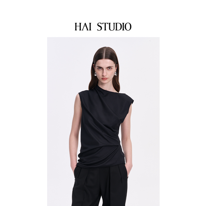 秋冬女士藏青色无袖立裁上衣