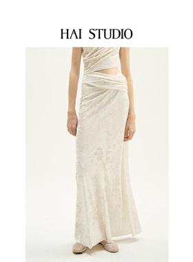 HAI STUDIO春夏新品女丝绒半裙极简修身褶皱长裙半身裙子原创设计