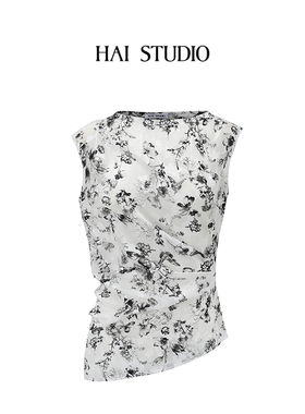 HAI STUDIO 2025夏日胶囊白色提花立裁无袖上衣花朵修身不规则T恤