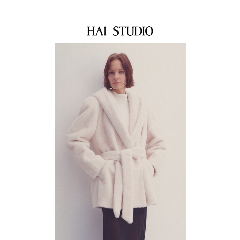 薛凯琪同款HAI STUDIO2025秋冬新品女士连帽宽肩环保皮草外套大衣