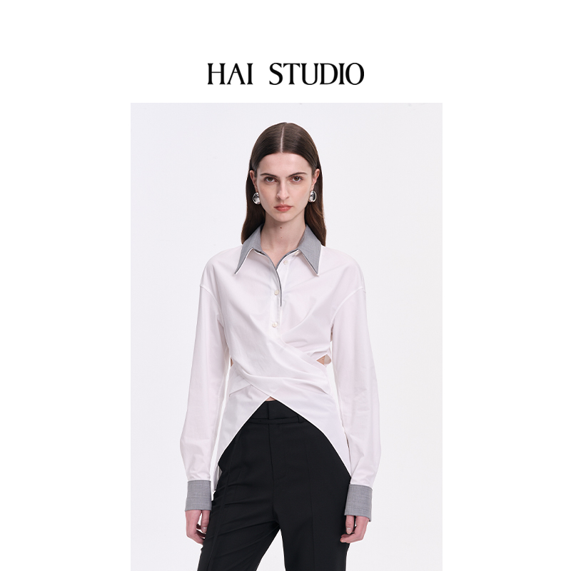 HAI STUDIO秋冬 女士白色撞色腰系带衬衫 拼色扭结上衣