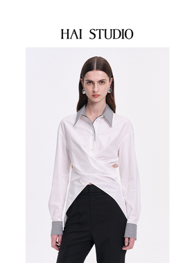 HAI STUDIO秋冬 女士白色撞色腰系带衬衫 拼色扭结上衣