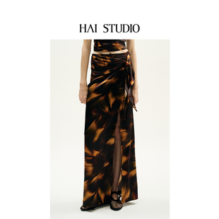 HAI STUDIO2025春夏女士印花半裙高开衩优雅半身裙长裙子小众设计