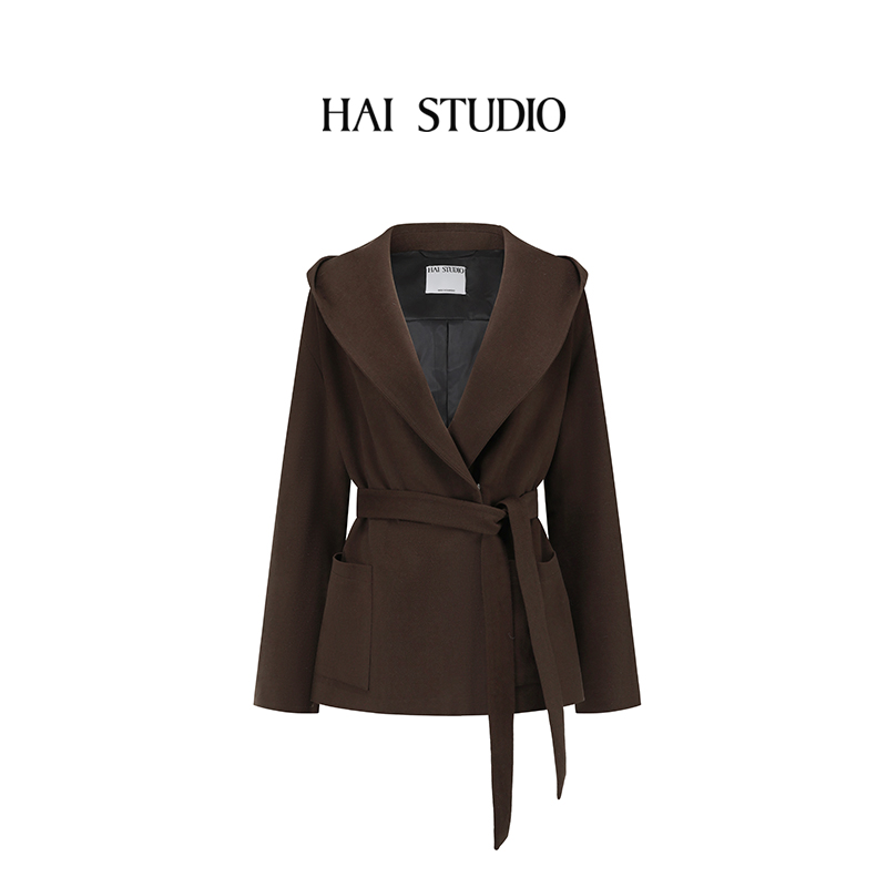 秋冬新品女羊毛腰系带连帽外套