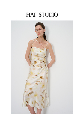 HAI STUDIO春夏女黄色印花连衣裙 优雅气质斜裁吊带裙小众设计师