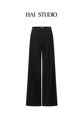 HAI STUDIO2025春夏女士黑色撞色腰阔腿裤休闲宽松拼色西装长裤子