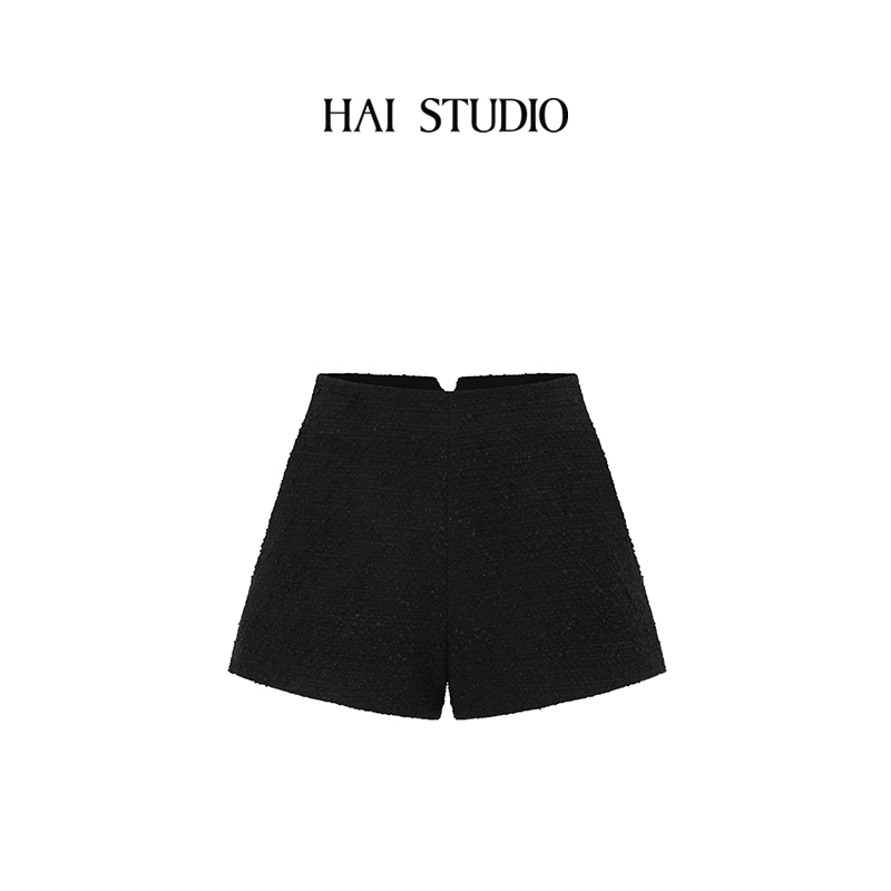 秋冬女士黑色羊毛腰链短裤
