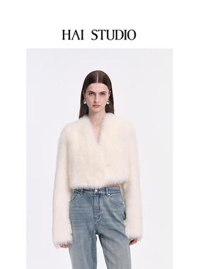 HAI STUDIO秋冬女士乳白色短款皮毛一体托卡羊皮草短大衣皮草外套