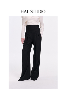 HAI STUDIO秋冬 女士黑色高腰阔腿裤 宽松休闲长裤