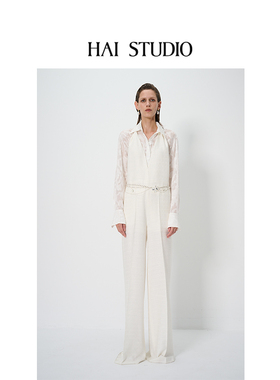 HAI STUDIO春夏女白色粗花呢连体裤 优雅气质休闲长裤子小众设计