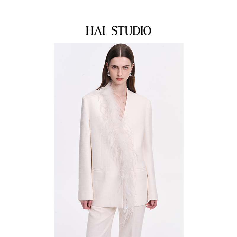 秋冬新品花呢羽毛无领西装