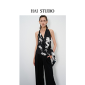 优雅飘带显瘦立裁露背吊带衫 HAI STUDIO春夏女士印花挂脖上衣