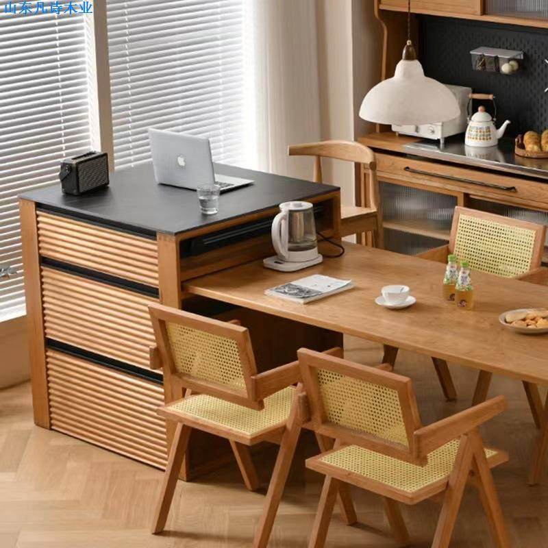 北欧樱桃木实木岛台餐桌一体岩板吧台黑胡桃木可伸缩岛台厨房餐厅