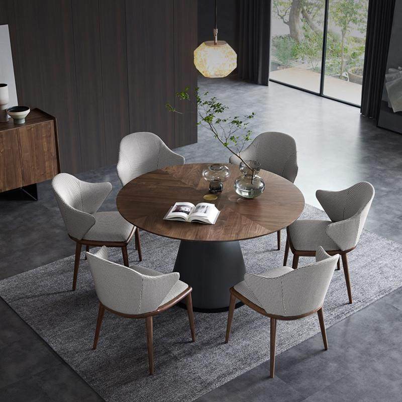 北美黑胡桃木实木餐桌椅组合现代简约家用带转盘圆桌意式极简餐桌