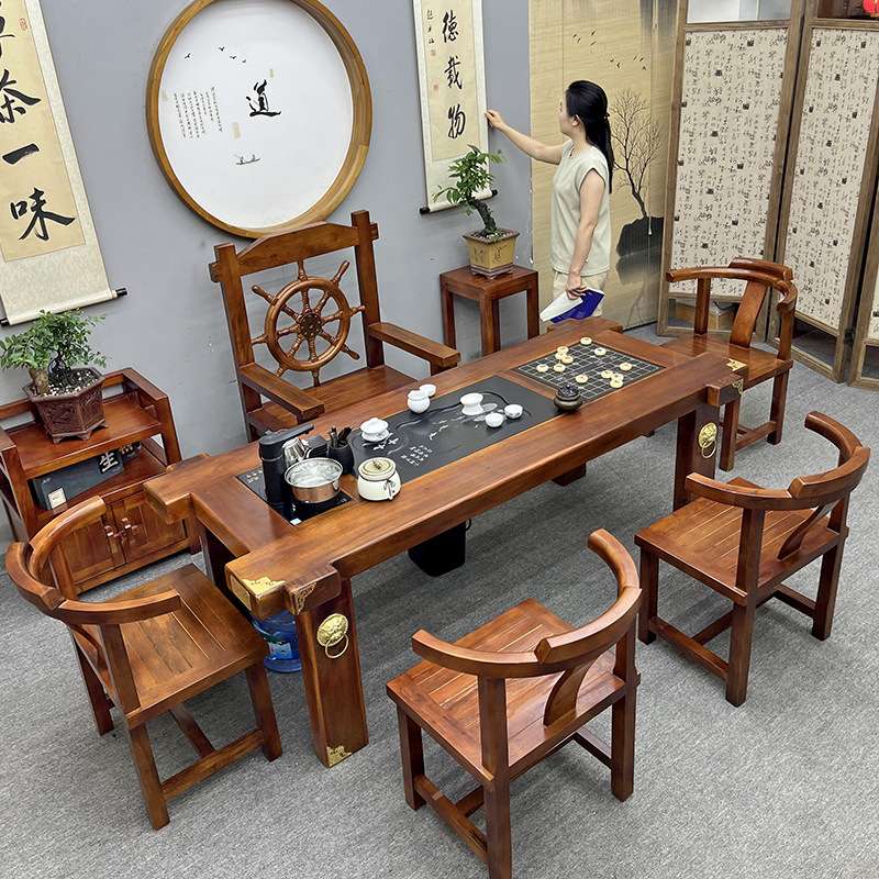 实木茶桌椅组合一桌五椅办公室轻奢一体套装家用茶几老船木泡茶台