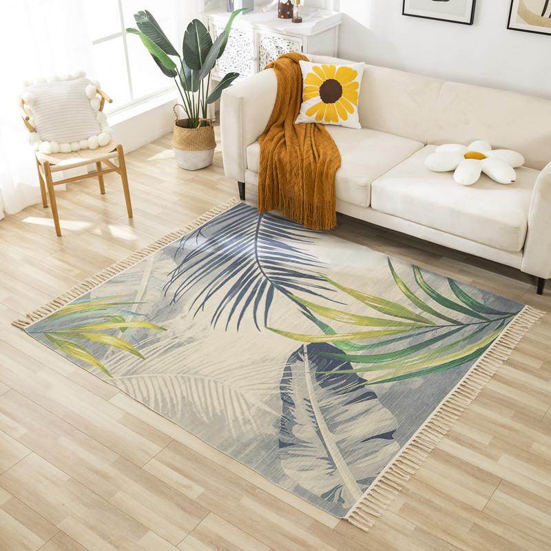 日式棉线手工编织印花地毯家用客厅房间床边长条流苏防滑地垫