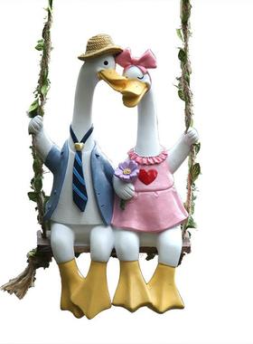 卡通鸭子情侣秋千仿真动物庭院园林挂件配件DIY花盆阳台装饰摆件