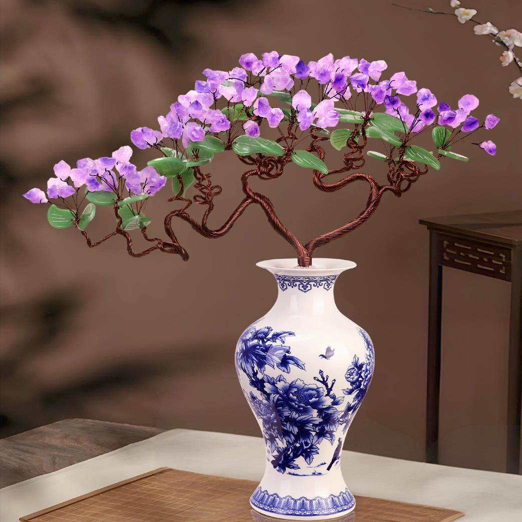 天然轻奢紫水晶新中式客厅家居电视柜酒柜装饰品发财树乔迁摆件