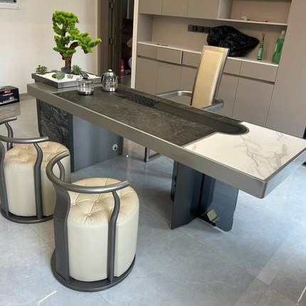 新中式岩板茶台办公室现代实木茶桌椅组合烧水一体泡茶桌木质家具