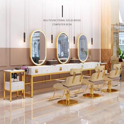 理发镜台大理石双面烫染桌美发店镜子发廊单面带灯剪发镜柜子一体