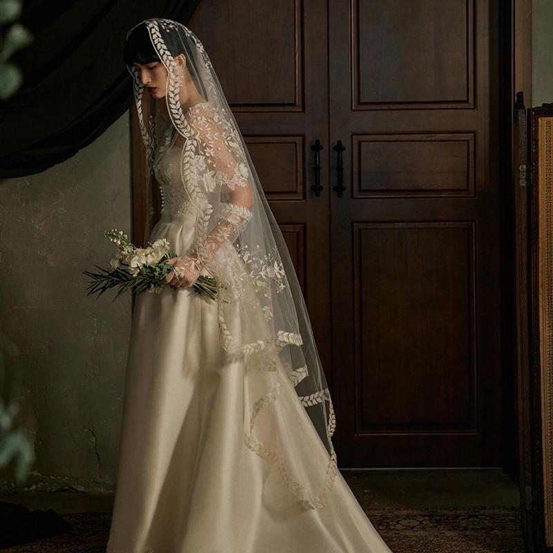 直销余爱同款头纱新娘主婚纱女结婚复古蕾丝发饰森系唯美复古拍照