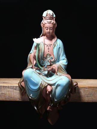 禅意新中式紫砂观世音菩萨佛像客厅家居陶瓷工艺装饰品博古架摆件