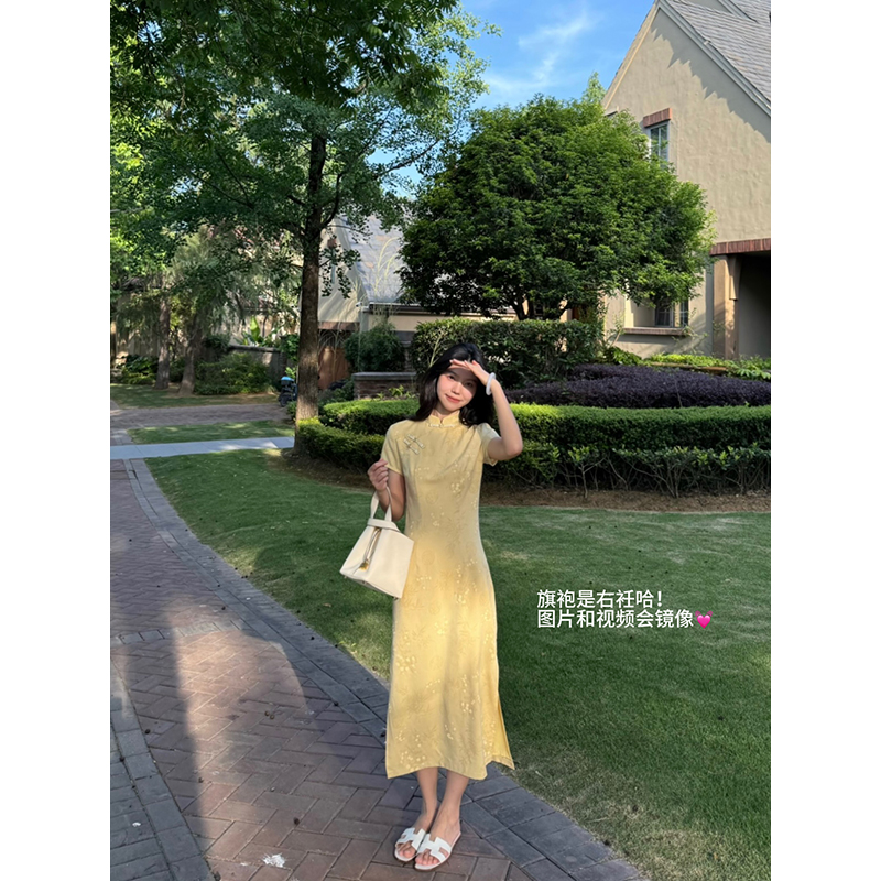 郭九九呢新中式改良立领提花盘扣旗袍收腰显瘦连衣裙夏季新款长裙