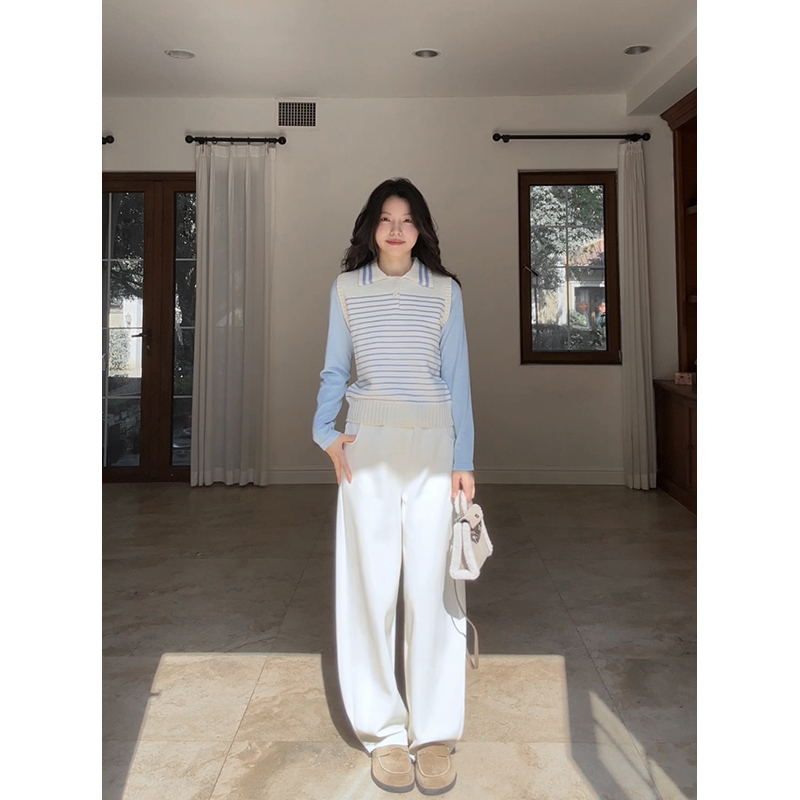 郭九九呢条纹撞色显瘦假两件马甲毛衣秋冬上衣百搭加绒弯刀裤