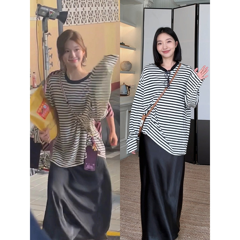 郭九九呢亚麻棉休闲宽松显瘦长袖T恤女早秋百搭显瘦鱼尾半身裙