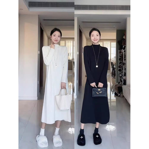 郭九九呢直筒显瘦针织连衣裙