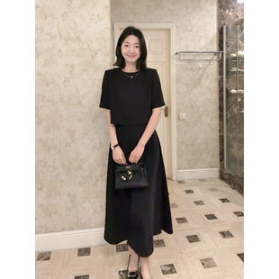 郭九九呢气质正肩宽松显瘦上衣短袖 伞摆半身裙 夏季 百搭高腰长款