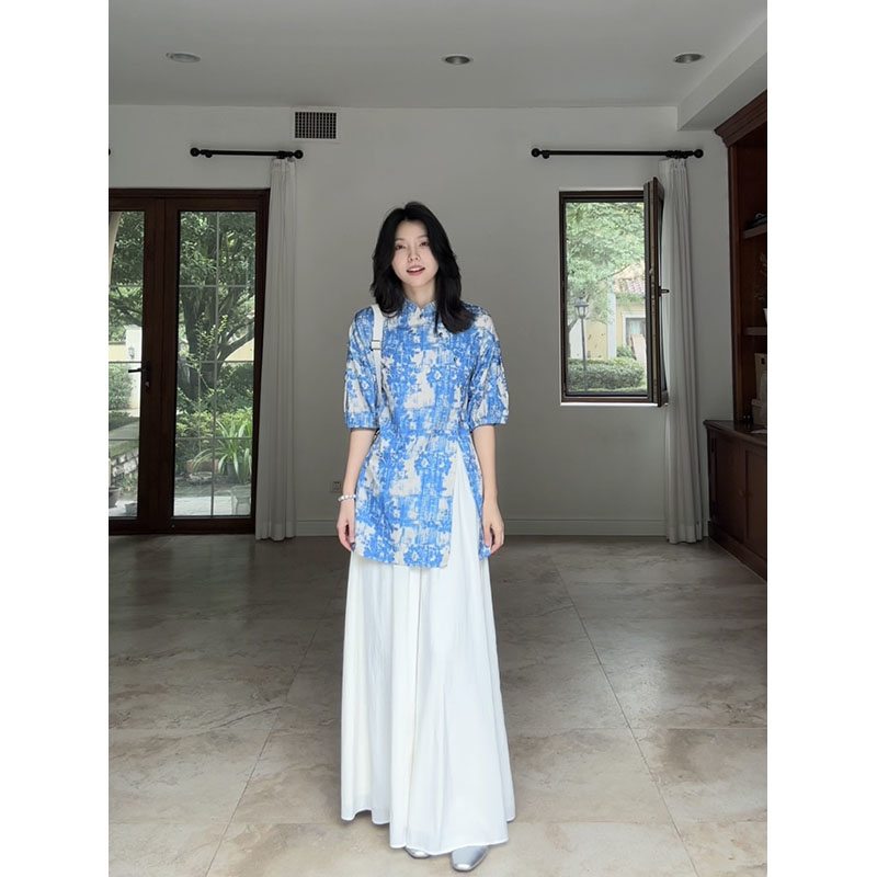 郭九九呢国风立领收腰显瘦撞色旗袍上衣夏季百搭禅意风阔腿裤女