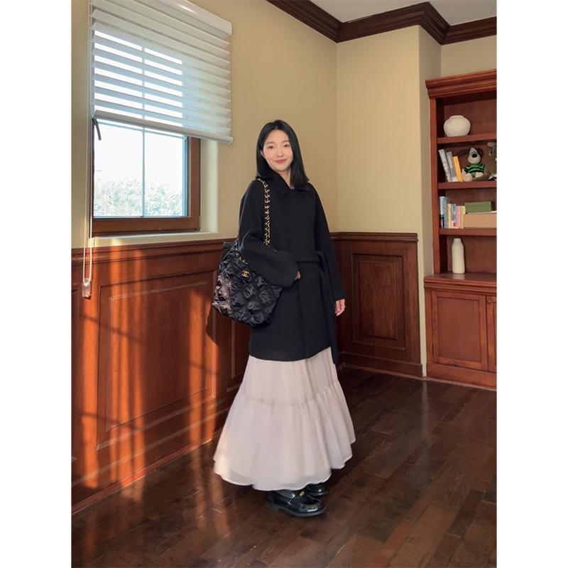 郭九九呢 羊毛气质简约翻领收腰毛呢大衣冬季百搭外套蛋糕半身裙